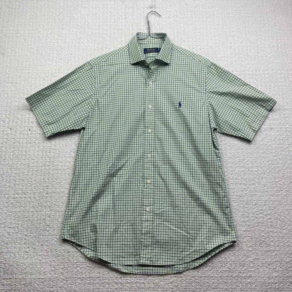 Polo by Ralph Lauren Mens M Button Up Shirt Blue / Green Gingham Plaid Preppy